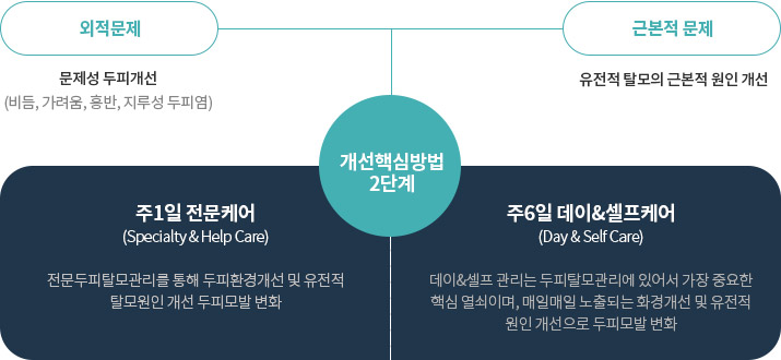 외적문제 : 문제성 두피개선(비듬, 가려움, 홍반, 지루성 두피염/근본적 문제 : 유전적 탈모의 근본적 원인 개선 / 개선핵심방법 2단계 / 주1일 전문케어(Specialty & Help Care) : 전문두피탈모관리를 통해 두피환경개선 및 유전적 탈모원인 개선 두피모발 변화 /주6일 데이&셀프케어 (Day & Self Care) : 데이&셀프 관리는 두피탈모관리에 있어서 가장 중요한 핵심 열쇠이며, 매일매일 노출되는 화경개선 및 유전적 원인 개선으로 두피모발 변화